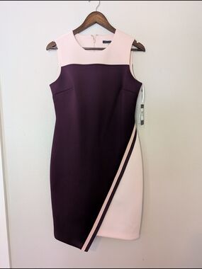 Tommy Hilfiger Plum and Blush Colorblock Midi Sheath Dress with Diagonal Panel